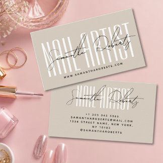 Nail artist modern typography script beige business card