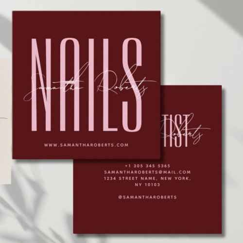 Nail artist modern typography script red square business card