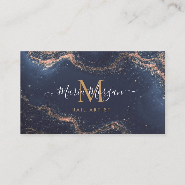 Nail Artist Navy Blue Agate Gold Monogram  Business Card (Front)