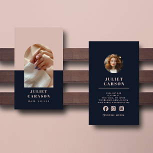 Nail Artist Navy Blue & Blush Pink Arch Photo Business Card