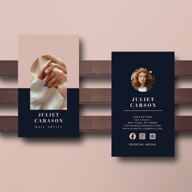  Nail Artist Navy Blue & Blush Pink Arch Photo Business Card (Creator Uploaded)