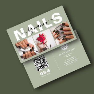 Nail Artist Photo Collage Qr Code Logo Sage Green  Business Card