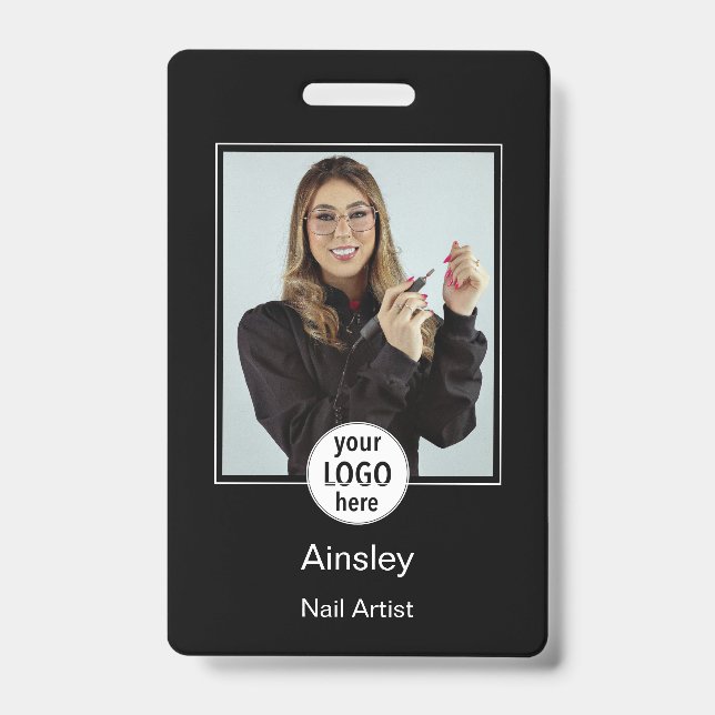  Nail Artist Photo Logo Black White Name Badge (Front)