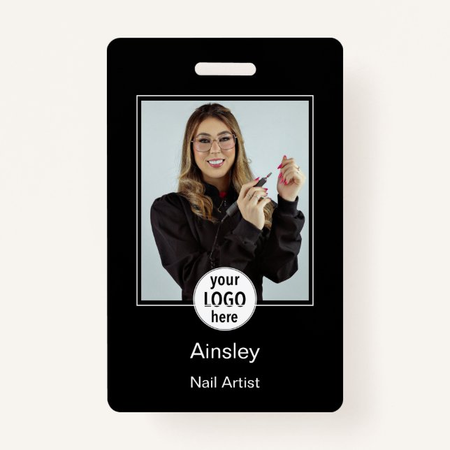  Nail Artist Photo Logo Black White Name Badge (Front)