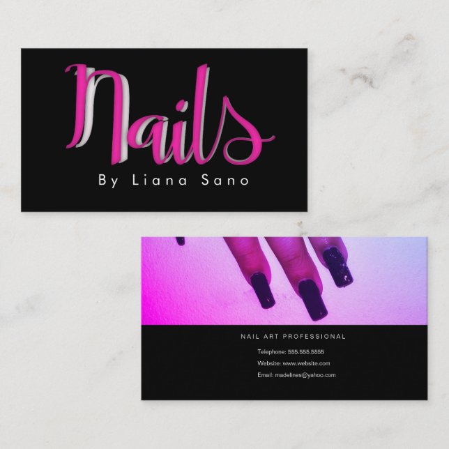 Nail Artist Script and Photo Salon Pink Business Card (Front/Back)