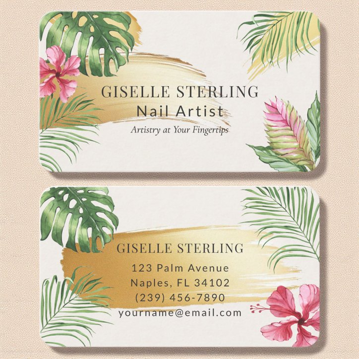 Nail Artist Tropical Gold Brushed Watercolor Business Card
