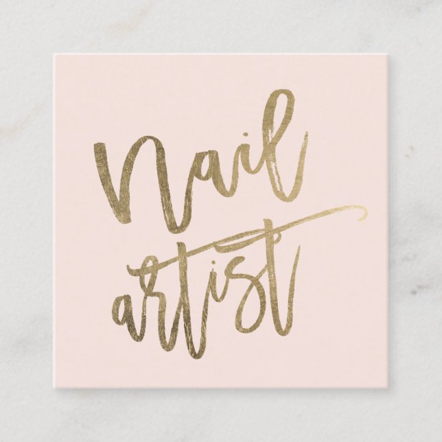 Nail artist typography gold blush pink typography square business card (Front)