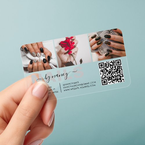 Nail Artist typography Script 3 Photo QR Code Clear Business Cards
