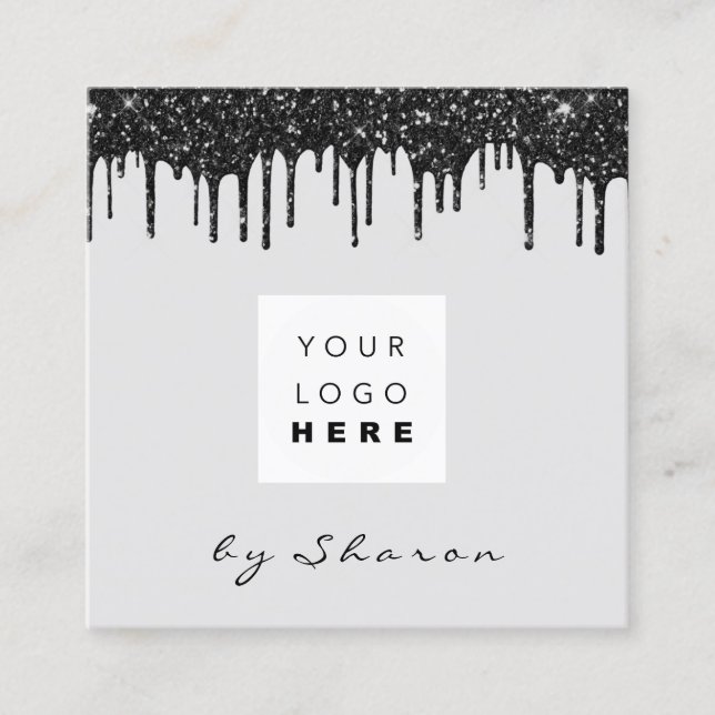 Nail Lashes  Black Drips 6 Punches Logo Gray Square Business Card (Front)