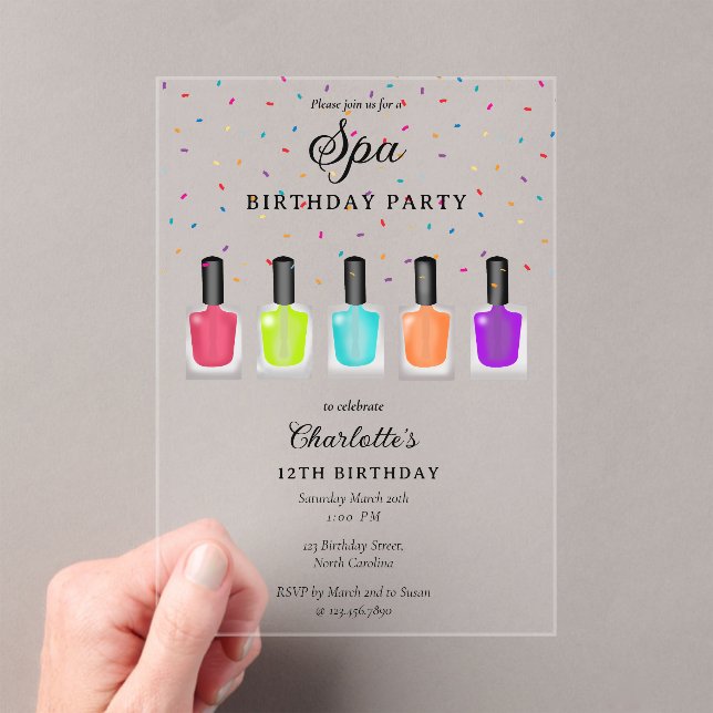 Nail Manicure Pedicure Mani Pedi Girl Spa Birthday Acrylic Invitations (Insitu (Handheld))