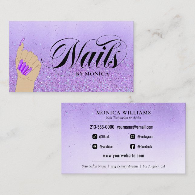 Nail Manicure Tech Purple Glam Glitter Nail Artist Business Card (Front/Back)