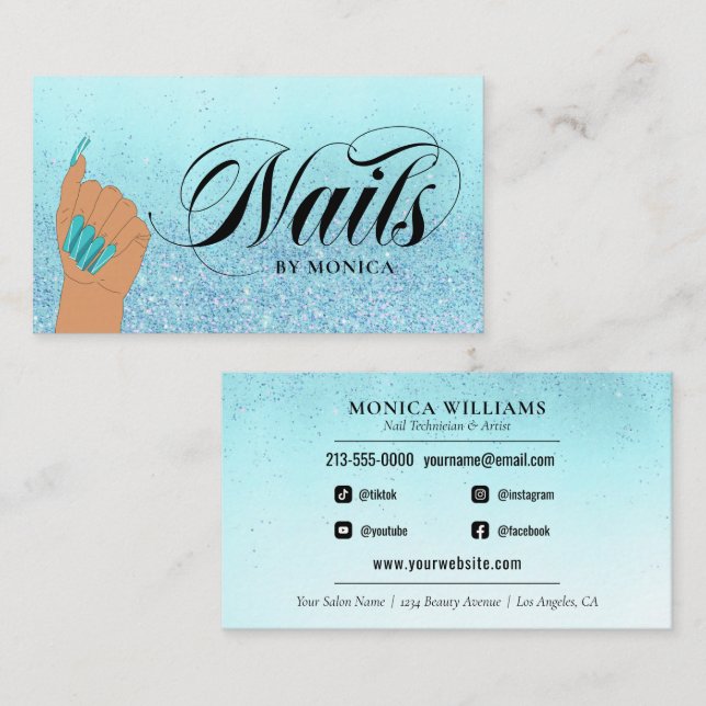 Nail Manicurist Tech Turquoise Glam Glitter Salon  Business Card (Front/Back)