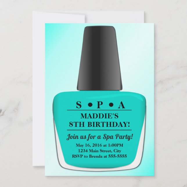 Nail Polish Birthday Invitation Teal Spa Party (Front)
