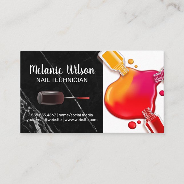 Nail Polish Bottle Pour | Black Marble Business Card (Front)