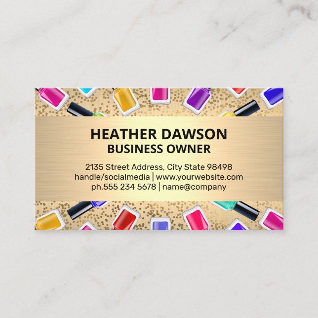 Nail Polish Bottles | Metallic Gold | Gold Specks Business Card (Front)