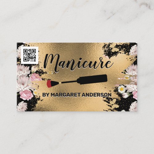 Nail Polish Brush  Gold and Flowers  qr Code Appointment Card