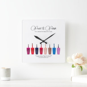 Nail Polish Color Set Nail Salon Square Wall Clock