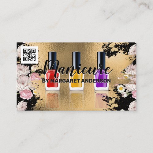 Nail Polish  Gold Flowers  QR Code Appointment Card