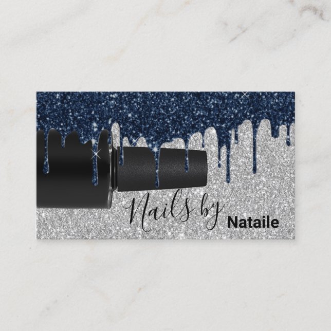 Nail Polish Navy Blue Drips Silver Manicurist Business Card (Front)