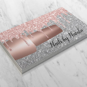 Nail Polish Rose Gold Drips Silver Glitter Salon Business Card