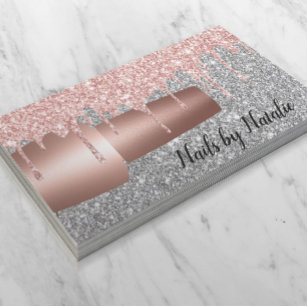 Nail Polish Rose Gold Drips Silver Glitter Salon Business Card