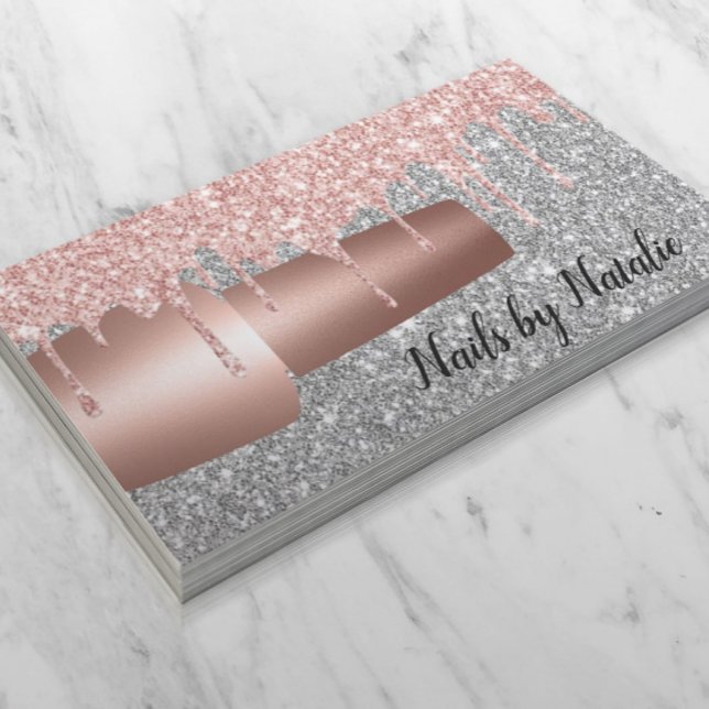 Nail Polish Rose Gold Drips Silver Glitter Salon Business Card (Creator Uploaded)