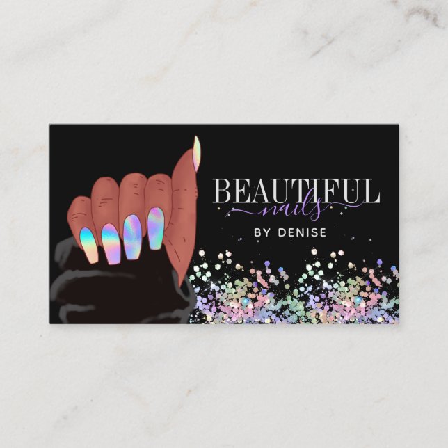 nail salon afroamerican hand holograph nails business card (Front)