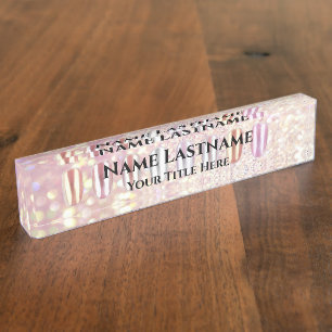 Nail Salon Artist Rose Blush Glitter Holograph Desk Name Plate