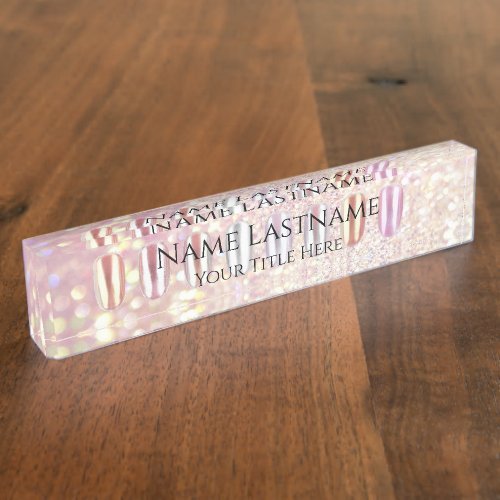 Nail Salon Artist Rose Blush Glitter Holograph VIP Desk Name Plate