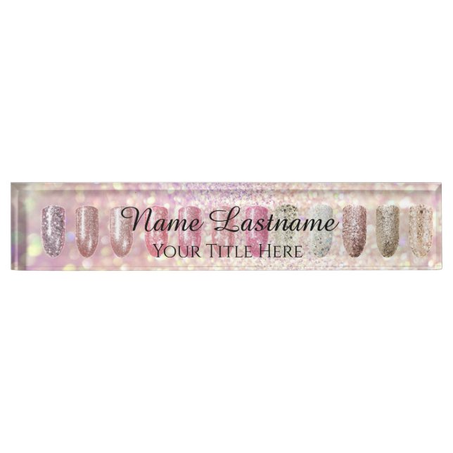 Nail Salon Artist Rose Lux Glitter Holograph Blush Desk Name Plate (Front)