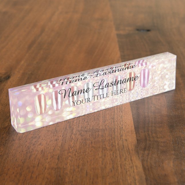 Nail Salon Artist Rose Lux Glitter Holograph Name Desk Name Plate (Side)