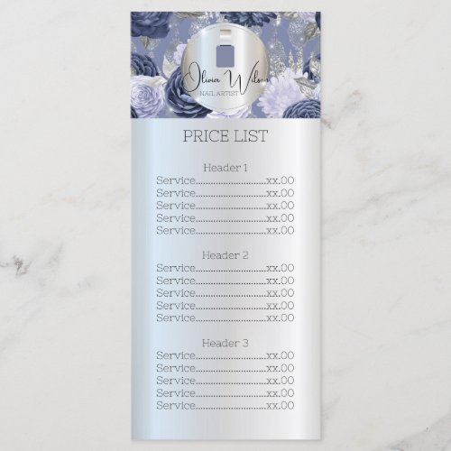 Nail Salon Blue Silver Floral Service Menu