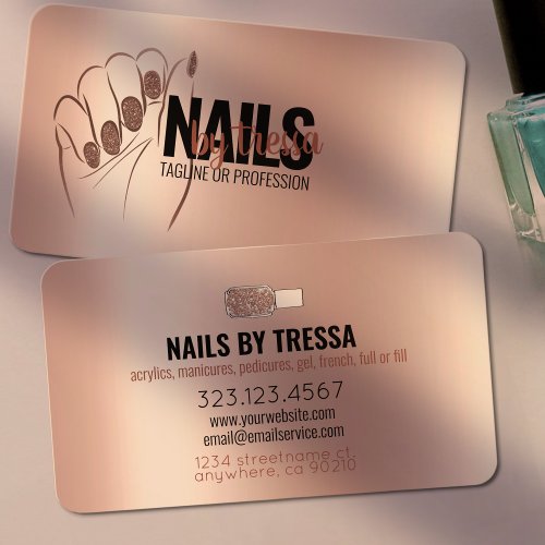 Nail Salon Blush Pink Metallic  Rose Gold Glitter Business Card