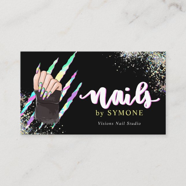 Nail Salon Bold Holographic Your Logo Business Card (Front)