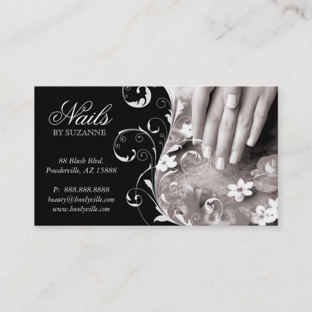 Nail Salon Business Card Black White (Front)