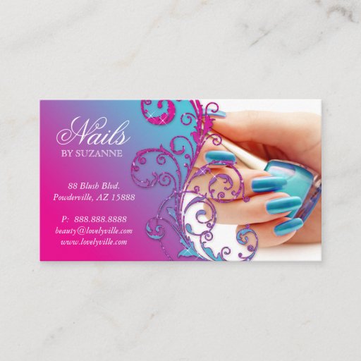 Customizable Nail Salon Business Card Glitter Blue Pink
