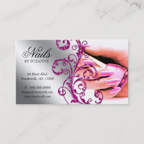 Nail Salon Business Card Glitter Pink Silver 2
