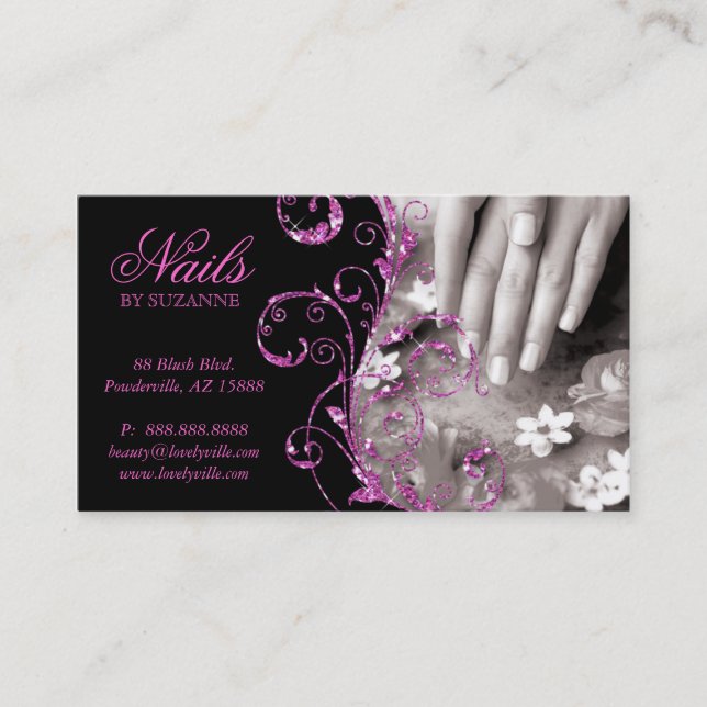 Nail Salon Business Card Pink Glitter (Front)