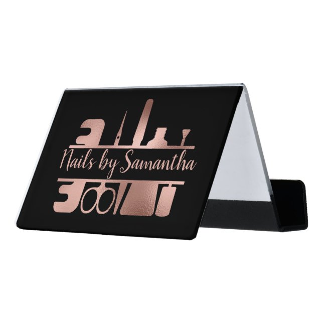 Nail Salon Business Technician Rose Gold Desk Business Card Holder (Angled Back)
