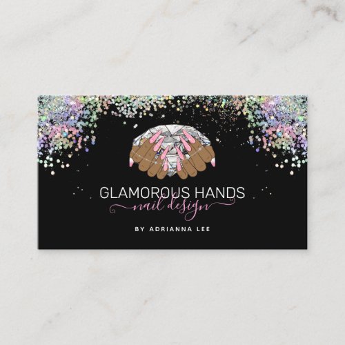 Nail Salon Diamond in Hands Pink Glitter Nail Tech Business Card