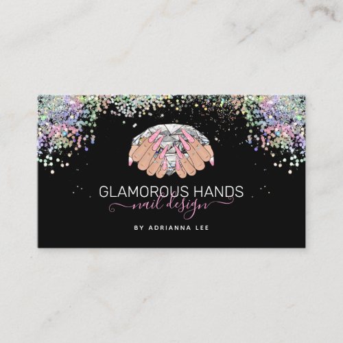 Nail Salon Diamond in Hands Pink Glitter Nail Tech Business Card