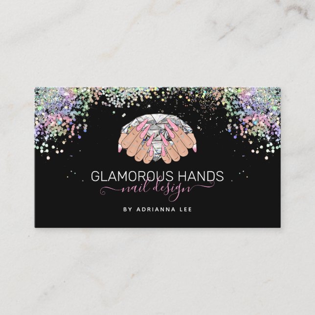 Nail Salon Diamond in Hands Pink Glitter Nail Tech Business Card (Front)