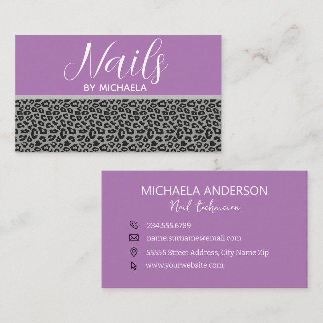 Nail Salon Girly Purple Gray Leopard Animal Print  Business Card (Front/Back)
