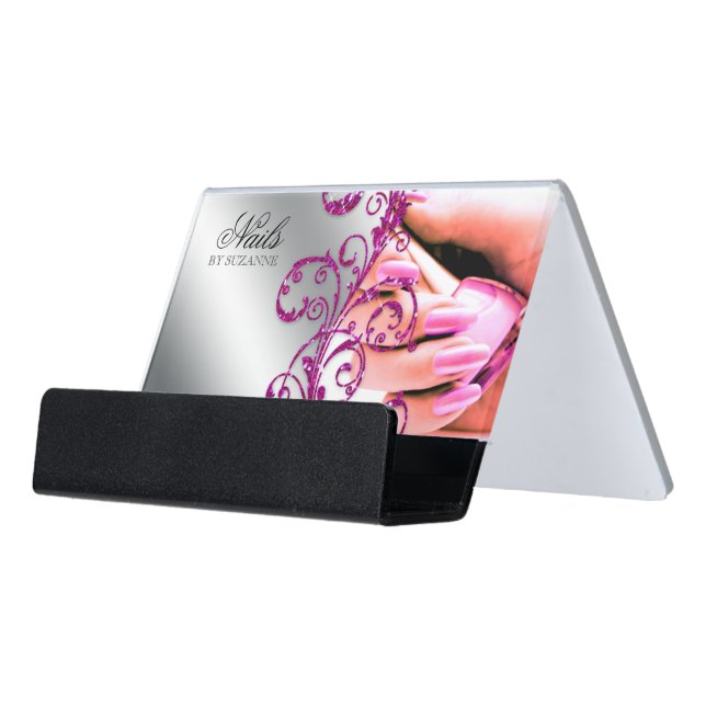 Nail Salon Glitter Hot Pink Silver Desk Business Card Holder (Angled Front)