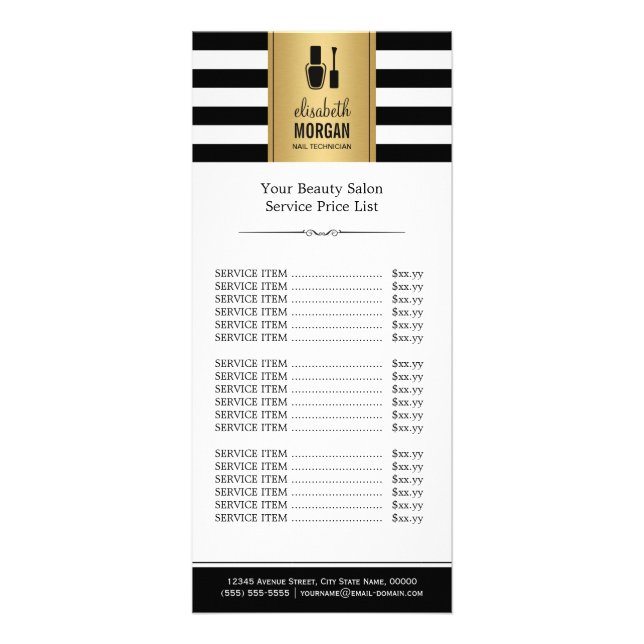 NAIL SALON Gold Black White Stripes Price List Rack Card (Front)