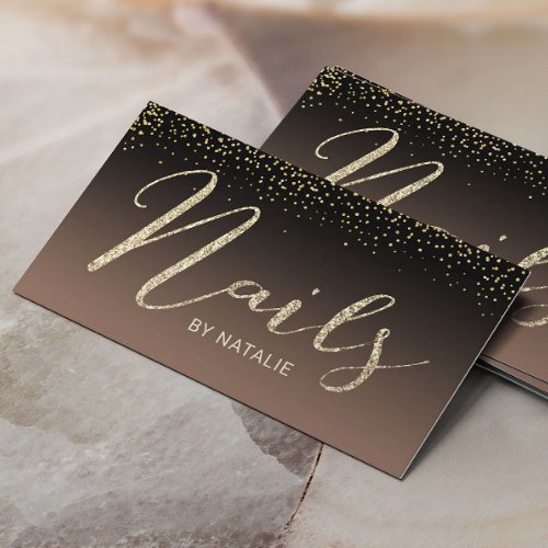 Nail Salon Gold Glitter Typography Black  Beige Business Card