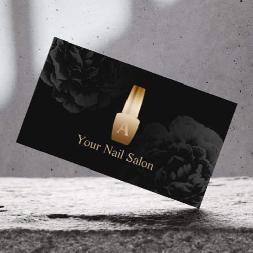 Nail Salon Gold Polish Bottle Elegant Black Floral Business Card
