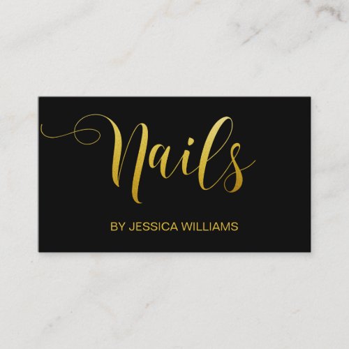Nail Salon Gold Script Elegant Black Business Card