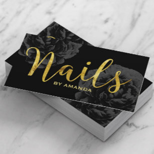 Nail Salon Gold Script Elegant Black Floral Business Card