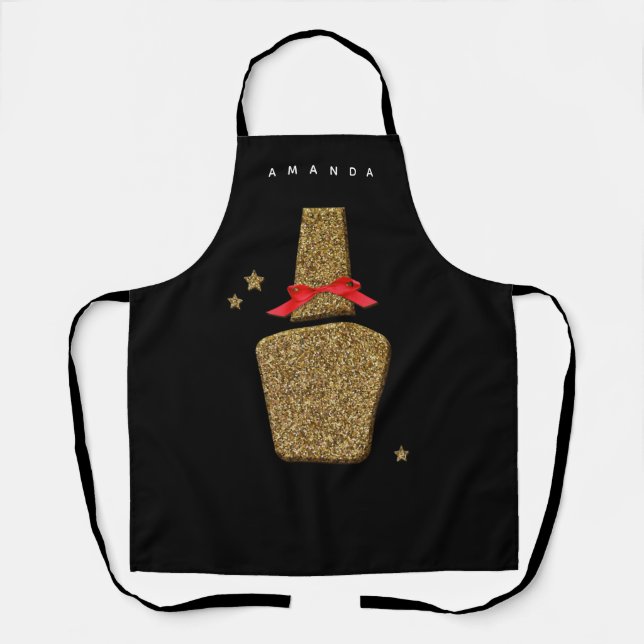 Nail SALON - Golden glitter nail polish black Apro Apron (Front)